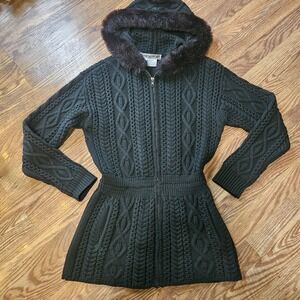 Carlisle Wool Cable Knit Long Sleeve Sweater Dress Fur Trim‎ Hood Army Green VTG